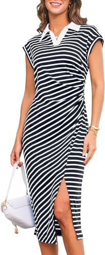 GRACE KARIN Damen Sommer Gestreiftes Kleid Kurzarm Etuikleid Elegant Bodycon Kleid mit Schlitz Business Marineblau XXL von GRACE KARIN