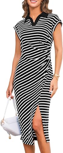 GRACE KARIN Damen Sommer Gestreiftes Kleid Kurzarm Etuikleid Elegant Bodycon Kleid mit Schlitz Business Weiße Streifen XXL von GRACE KARIN
