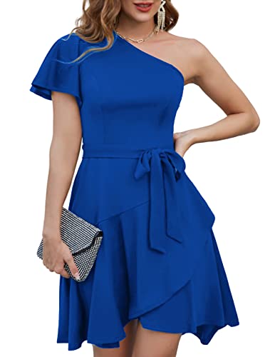 GRACE KARIN Damen Sommer Hochzeit Gastkleid Elegant One Shoulder Cocktailkleid Rüschen Kurzarm A Linie Partykleid, Königsblau, X-Groß von GRACE KARIN