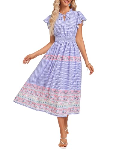 GRACE KARIN Damen Sommer Kurzarm Blumernkleid Elegant A-Linie High Waist Strandkleider Rundhals Sommerkleid Lila Blumen L von GRACE KARIN