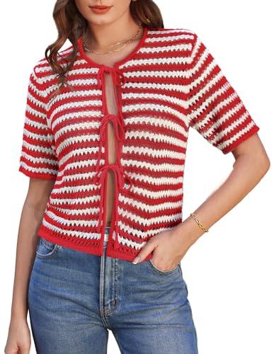 GRACE KARIN Damen Sommer Kurzarm Strickjacke Eleganter Bolero Cardigan Gestreiftes Oberteil mit Schnürung Rote-weiße L von GRACE KARIN