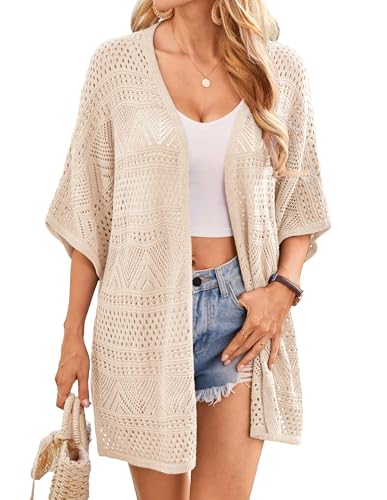 GRACE KARIN Damen Sommer Kurzarm Strickjacke Lange Elegant Lochmuster Cardigan Leichte Lockere Strandjacke Badeanzug Cover-Ups Aprikose L von GRACE KARIN
