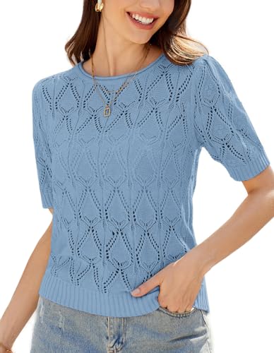 GRACE KARIN Damen Sommer Lässig Dünne Strickpullover Einfarbig Rundhals Ausgehöhlte Gestrick Oberteil Hellblau 2XL von GRACE KARIN