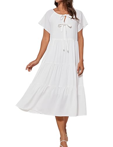 GRACE KARIN Damen Sommer Lässig Locker Umstandskleid Kurzarm Rundhals Strandkleid Weiß S von GRACE KARIN