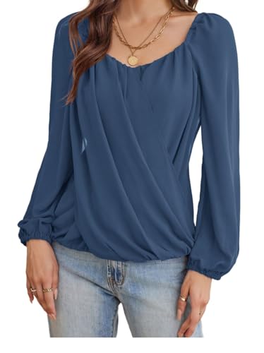 GRACE KARIN Damen Sommer Langarm Chiffon Tops Quadratisch V-Ausschnitt Lässige Blusen Grau Blau L von GRACE KARIN