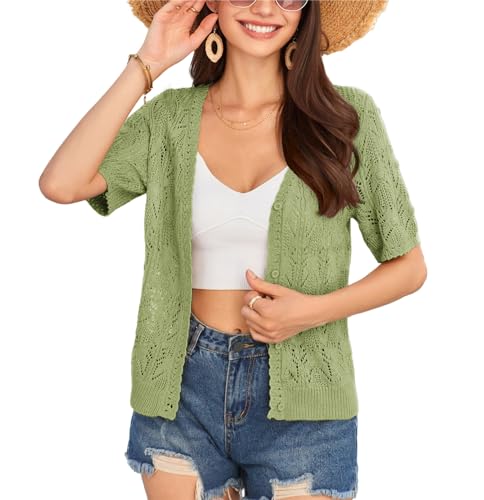 GRACE KARIN Damen Sommer Leichte Hollow Out Cardigan Lässige Leichte Weiche Bequeme Cardigan mit Knopf und Spitze Grün S von GRACE KARIN