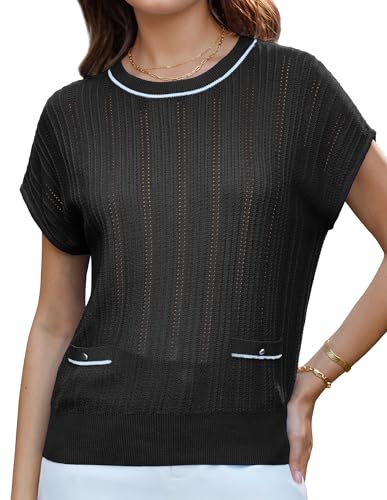 GRACE KARIN Damen Leichter Sommer Strickpullover Kurzarm Rundhals Top Schwarz S von GRACE KARIN