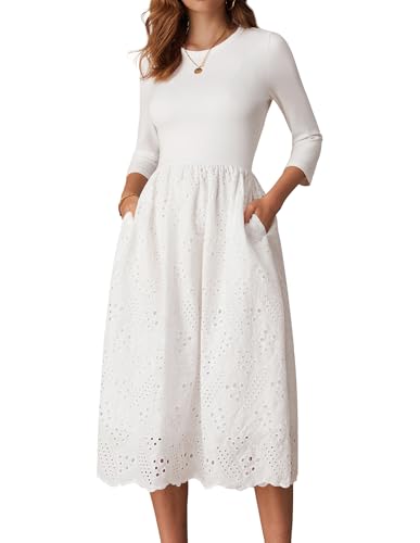 GRACE KARIN Damen Sommer Maxikleid Boho Rundhals 3/4 Ärmel Kleid Aushöhlen Patchwork Kleid mit Taschen Elegantes Kleid für Hochzeitsgäste L Weiß von GRACE KARIN