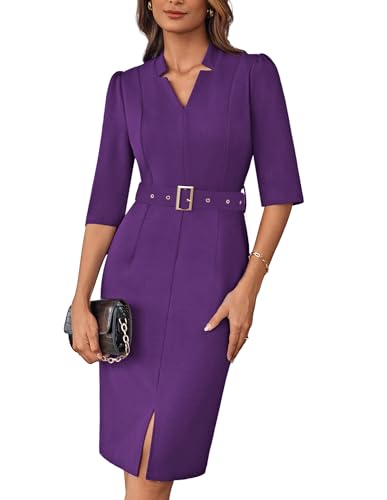 GRACE KARIN Damen Sommer Slim Fit Wickelkleid Fashion V-Ausschnitt Knielang Bodycon Etuikleid Solid Farbe Cocktailkleid Lilakelblau S von GRACE KARIN