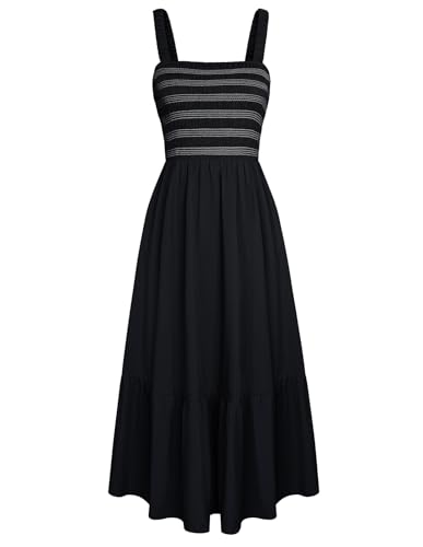 GRACE KARIN Damen Sommer Spaghettiträger Strandkleider Elegant Gesmoktes Kleid mit Taschen Schwarz M von GRACE KARIN