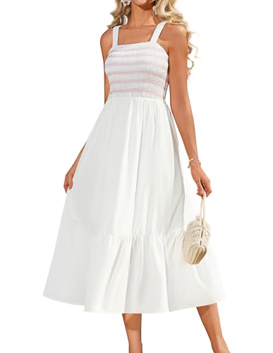 GRACE KARIN Damen Sommer Spaghettiträger Strandkleider Elegant Gesmoktes Kleid mit Taschen Weiß M von GRACE KARIN