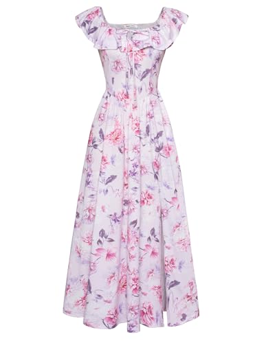 Damen Sommer Strandkleid Leicht Schulterfrei Freizeitkleid Festlich Boho Festlich Urlaub Blumen Kleid CL0213-04/Lila Rosa M von GRACE KARIN