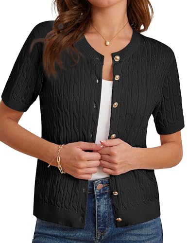 GRACE KARIN Damen Sommer Strickjacke Kurze Ärmel Eleganter Cardigan mit Zopfmuster Rundhals Bolero Top Schwarz M von GRACE KARIN
