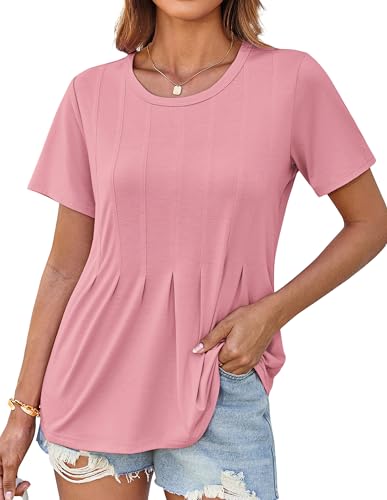 GRACE KARIN Damen Sommer T-Shirts Casual Kurzarm Rundhals Oberteile Urlaubsoberteile Hellrosa XXL von GRACE KARIN