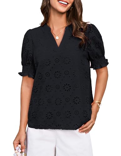 GRACE KARIN Damen Sommer T-Shirts Casual Puffärmel V-Ausschnitt Basic Tops Urlaubstops Schwarz S von GRACE KARIN
