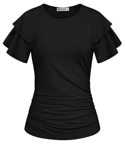 GRACE KARIN Damen-Herbst-Tops, Rüschenärmel, Basic-T-Shirts, elegant, lässig, gerüscht, Arbeitsblusen, trendige Kleidung, Sommer 2025, Schwarz, Groß von GRACE KARIN