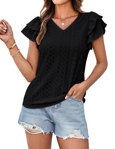 GRACE KARIN Damen Sommer Tops V-Ausschnitt T-Shirts Kurze Doppelvolantärmel Casual Fashion Blusen Schwarz XL von GRACE KARIN