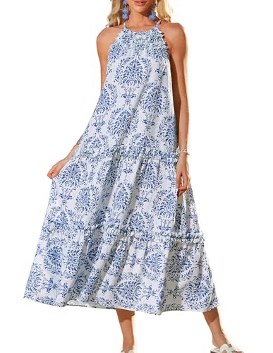 GRACE KARIN Damen Sommer Freizeitkleid Neckholder Urlaub Kleid Bohemien Strandkleid Blau M von GRACE KARIN