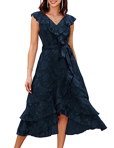 GRACE KARIN Damen Sommer V Ausschnitt Rüschen Kleid Ärmellos A Linie Blumen Strukturiert Hochzeit Party Flowy Lange Kleider mit Gürtel, Marineblau, XX-Large von GRACE KARIN