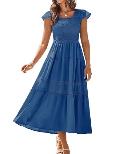 GRACE KARIN Damen-Sommerkleid, lässig, Flatterärmel, quadratischer Ausschnitt, gesmoktes Boho-Strandkleid, gestuft, Midi, langes Sommerkleid, Blau, XX-Large von GRACE KARIN
