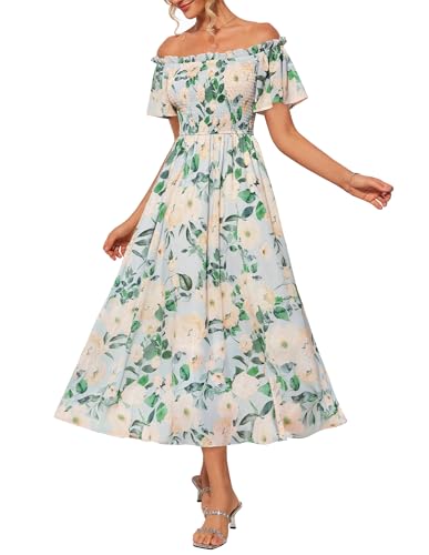 Sommerkleid Damen A-Linien Off Shoulder Blumen Hochzeitskleid Gast Maxikleid Freizeitkleider Grün Blume XXL von GRACE KARIN
