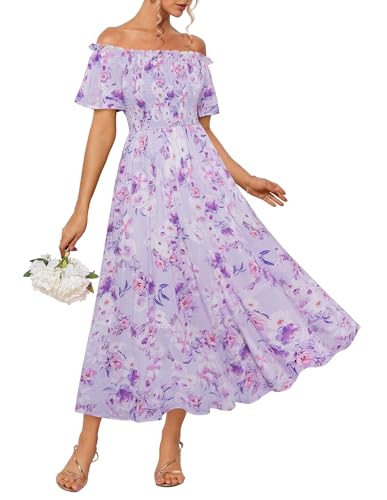 Damen Kleider Off-Shoulder Blumen Boho Lang Sommerkleid Elegant Maxi A-Linie Strandkleid Urlaub Lila-Lila Blume L von GRACE KARIN