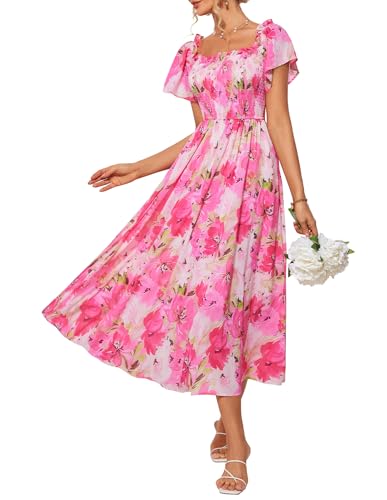 GRACE KARIN Kleider Damen Blumen Abendkleider Elegant Für Hochzeit Off Shoulder Sommerkleid Lang mit Taschen Rosarot-Weiß Blume L von GRACE KARIN