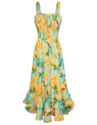 Damen Sommerkleid Blumenkleid Casual Freizeitkleid Böhmisch Maxikleid Strandkleider Ärmellos Cocktailkleid 2XL Grüne Blätter Gelbe Blumen von GRACE KARIN
