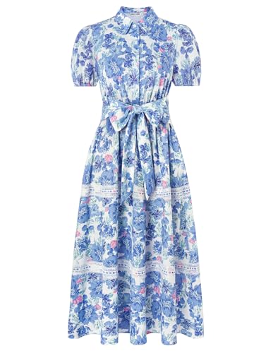 GRACE KARIN Damen Sommerkleid Elegant Kurzarm A-Linie Boho Maxi Strandkleid Fließendes Chiffon Kleider Blaue Blumen L von GRACE KARIN