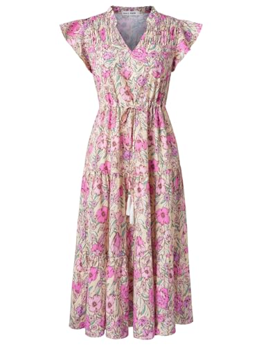 GRACE KARIN Damen Sommerkleid Kurzarm V-Ausschnitt A-Linie Blumen Midi Böhmisch Maxikleid Strandkleider Aprikot-Rosa Blumen L von GRACE KARIN