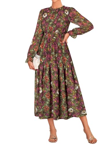 GRACE KARIN Damen Sommerkleid Langarm Chiffonkleid Mit Elastischer Taille Und Taschen CL0211-03/Rosa-Orange-Weiße Blüte L von GRACE KARIN