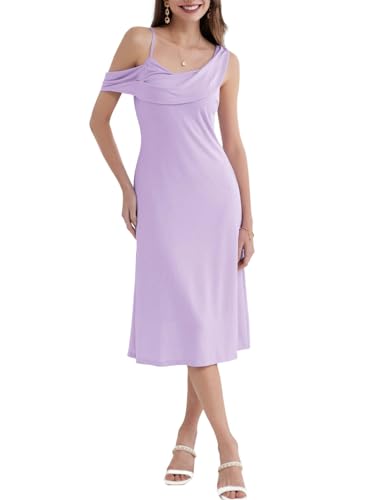 GRACE KARIN Damen Sommerkleid Spaghettiträger Asymmetrischer Ausschnitt Schulterfrei Stretchig Gerafftes Freizeitkleid Hell Lila 38 von GRACE KARIN