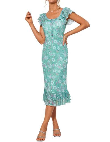 GRACE KARIN Damen Sommerkleid mit Rüschenärmeln Fischschwanzkleid U-Ausschnitt Freizeitkleid Wickelkleid Cocktailkleid Blau-Weiße Blumen XXL von GRACE KARIN