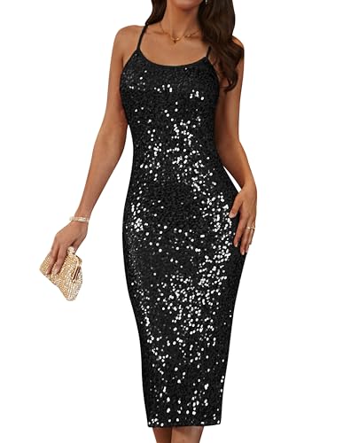 GRACE KARIN Damen Spaghetti Bleistiftkleid Glitzer Pailletten Partykleid Elegant Abendkleid mit Schlitz Schwarz 38 von GRACE KARIN