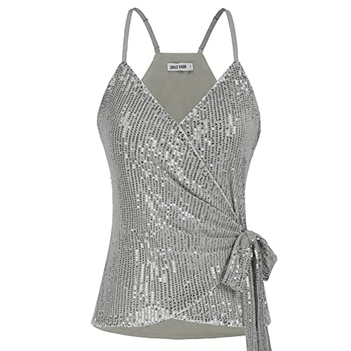 GRACE KARIN Damen Spaghettitops Sommer Casual V Ausschnitt Pailletten Crop Tank Top Glitzer Ärmellose Camisoles Oberteile zum Schnüren, Farbe: Silbergrau, Size XXL von GRACE KARIN