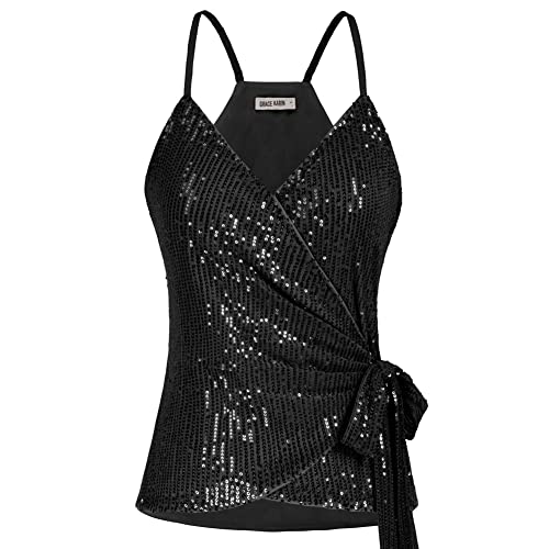 GRACE KARIN Damen Spaghettiträger Tops Glitzer Pailletten Ärmellos Oberteile Festlich Party Kostüm Tank mit Schleife, Farbe: Schwarz auf Pailletten, Size L von GRACE KARIN