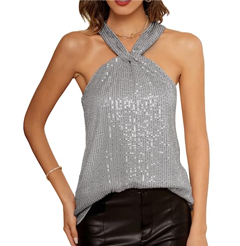 GRACE KARIN Damen Pailletten Tops Sparkle Shimmer Weste Ärmellos V-Ausschbitt U-Back Side Split Bluse Tunika S Silber grau CL1537A22-4 von GRACE KARIN