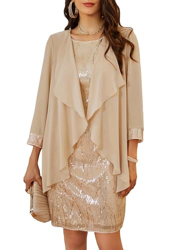 GRACE KARIN Damen Sparkle Party Etuikleid mit GlänzendeM Pailletten Ärmelloses Sommer Sexy Rundhalsausschnitt 2er Set Retro Abendkleid Champagnerfarbe M von GRACE KARIN