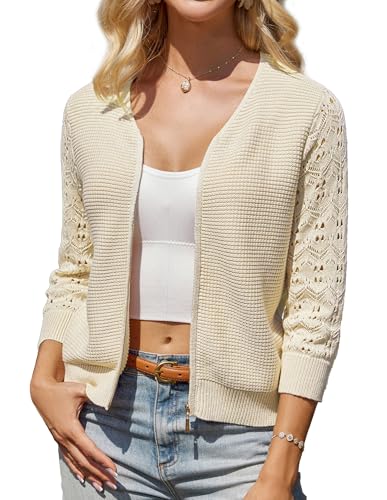 GRACE KARIN Damen Spitze Patchwork 3/4 Ärmel Strickjacke V-Ausschnitt Cardigan Reißverschluss Knitwear M Helle Aprikose von GRACE KARIN