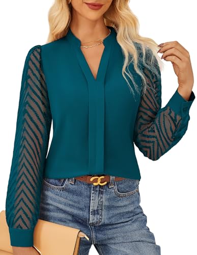 GRACE KARIN Damen Spitzen Langarm Hemdbluse Elegant Hochzeit Bluse Einfarbige Schwarze Herbst Winter Tops Blaugrün S von GRACE KARIN