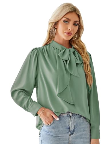 GRACE KARIN Damen Stehkrage Rüsche Hemd Langarm Oberteile Lockere Chiffon Bluse Pull on Bluse Casual Arbeit Büro Top M Grau Grün CLK105S24-01 von GRACE KARIN