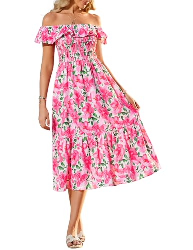 Damen Strandkleid Ärmellos Falten Taille Lang Sommer Floral Dress Leicht Freizeitkleid Rosa CL15-01/Rosa XL von GRACE KARIN