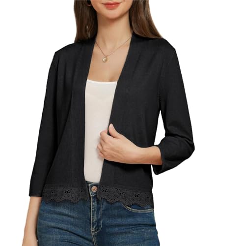 GRACE KARIN Damen Stretche Strickjacke Open Front Lässig Cardigan Elegant Spitzen Lace Bolero Feingestrick Leicht Shrug für Hochzeit Party Schwarz S von GRACE KARIN