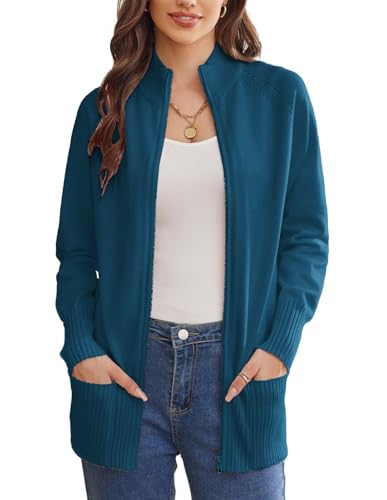 GRACE KARIN Damen-Strickjacke, langärmelig, Reißverschluss, mit Taschen, Stehkragen, durchgehender Reißverschluss, leicht, Seeblau, XX-Large von GRACE KARIN