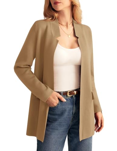 GRACE KARIN Damen Strickjacke 2024 Herbst Langarm Strick Cardigan Mantel Open Front Kerbkragen Sweater Blazer Coatigan Jacken, CAMEL, Medium von GRACE KARIN