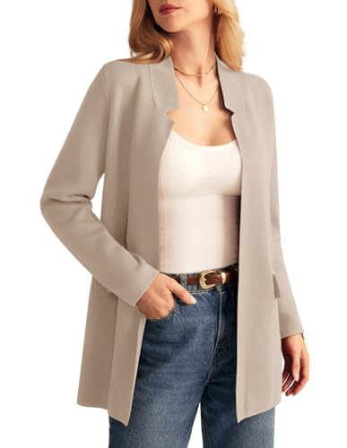 GRACE KARIN Damen Strickjacke 2024 Herbst Langarm Strick Cardigan Mantel Open Front Kerbkragen Sweater Blazer Coatigan Jacken, Khaki, XX-Large von GRACE KARIN