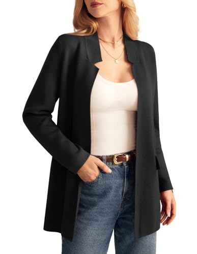GRACE KARIN Damen Strickjacke 2024 Herbst Langarm Strick Cardigan Mantel Open Front Kerbkragen Sweater Blazer Coatigan Jacken, Schwarz, XX-Large von GRACE KARIN