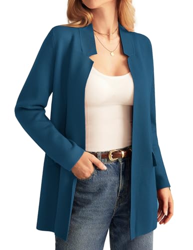 GRACE KARIN Damen Strickjacke 2024 Herbst Langarm Strick Cardigan Mantel Open Front Kerbkragen Sweater Blazer Coatigan Jacken, Seeblau, Small von GRACE KARIN