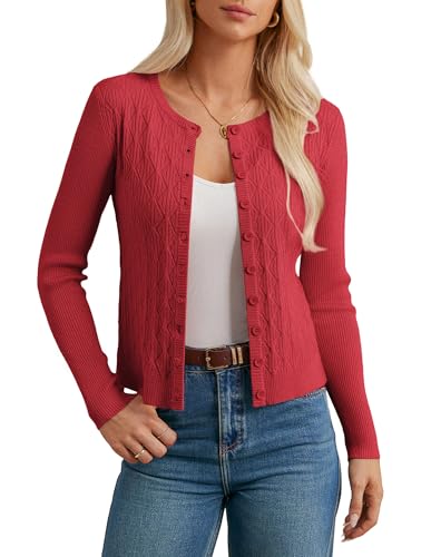 GRACE KARIN Damen Strickjacke Casual Kurz Cardigan Langarm Button Down Rundhals Cardigan Rot XXL von GRACE KARIN