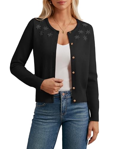 GRACE KARIN Damen Strickjacke Casual Kurz Cardigan Langarm Button Down Rundhals Cardigan Schwarz S von GRACE KARIN